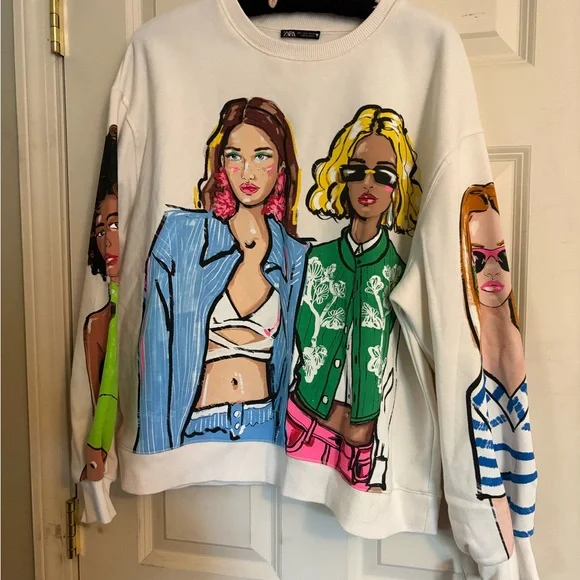 Zara White Sweatshirt with Colorful Graphic Design - Picture 1 of 5
